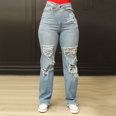Women's Washed High Waist Straight Ripped Jeans - ROUTINE FASHION